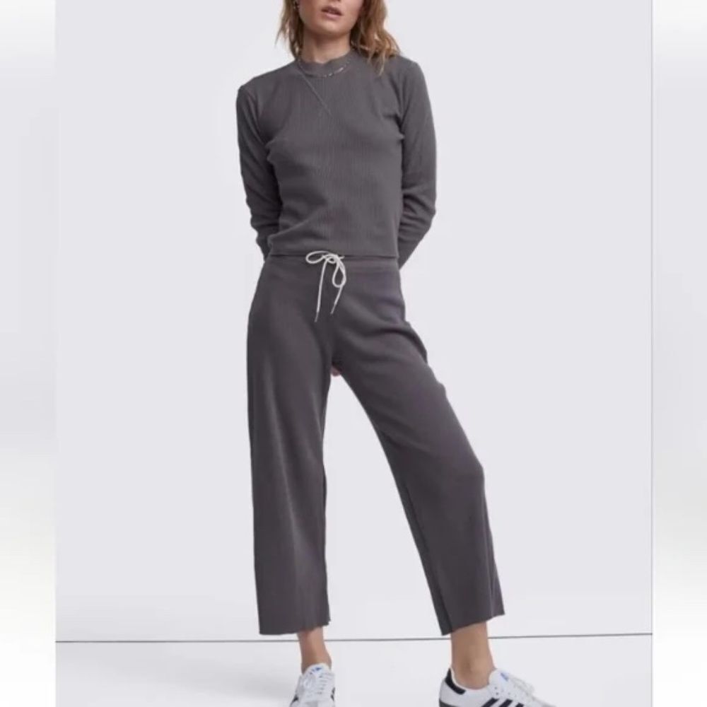 Mate The Label Thermal Wide Leg Pant & Crop Set Cotton Waffle Knit Charcoal M